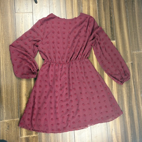 NWOT Midi Dress M Burgundy Long Sleeve Chiffon Elastic Waist Cute Guest Holiday - Picture 6 of 8